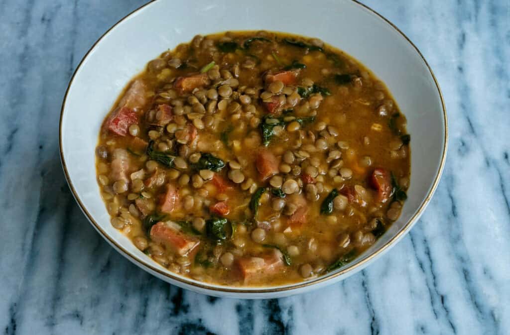 Spinach and Lentil Soup with Smoked Tasso
