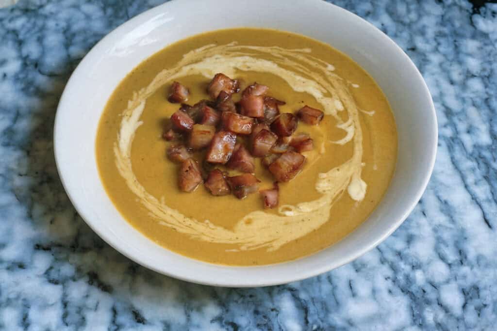 Roasted Butternut Squash Soup with Candied Ham