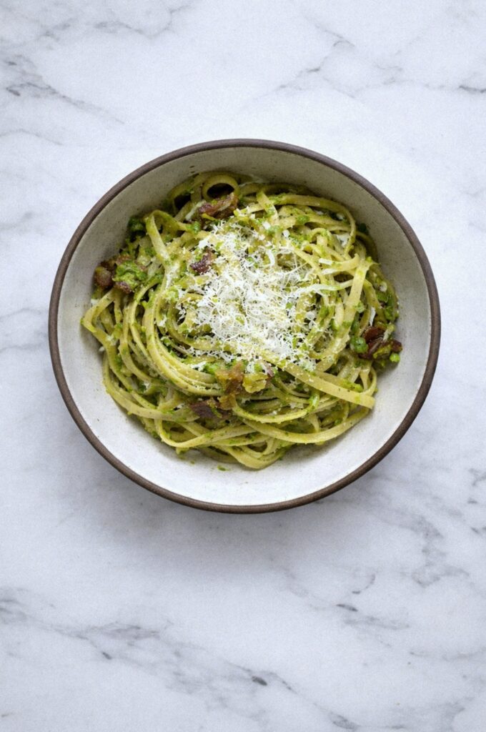 Spring Pea Pesto with Bacon and Leeks