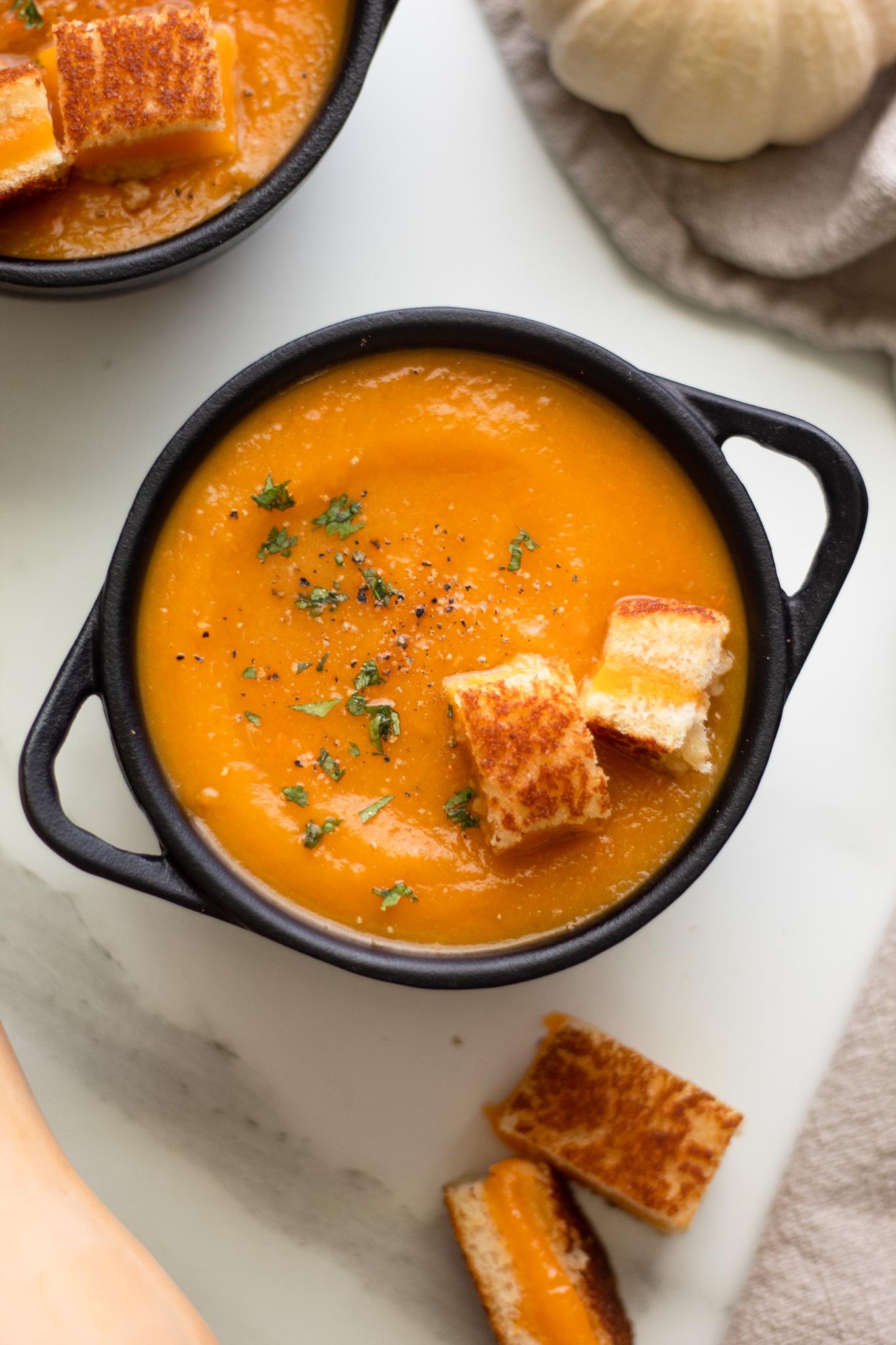 Butternut Squash and Pumpkin Soup with Grilled Cheese Croutons