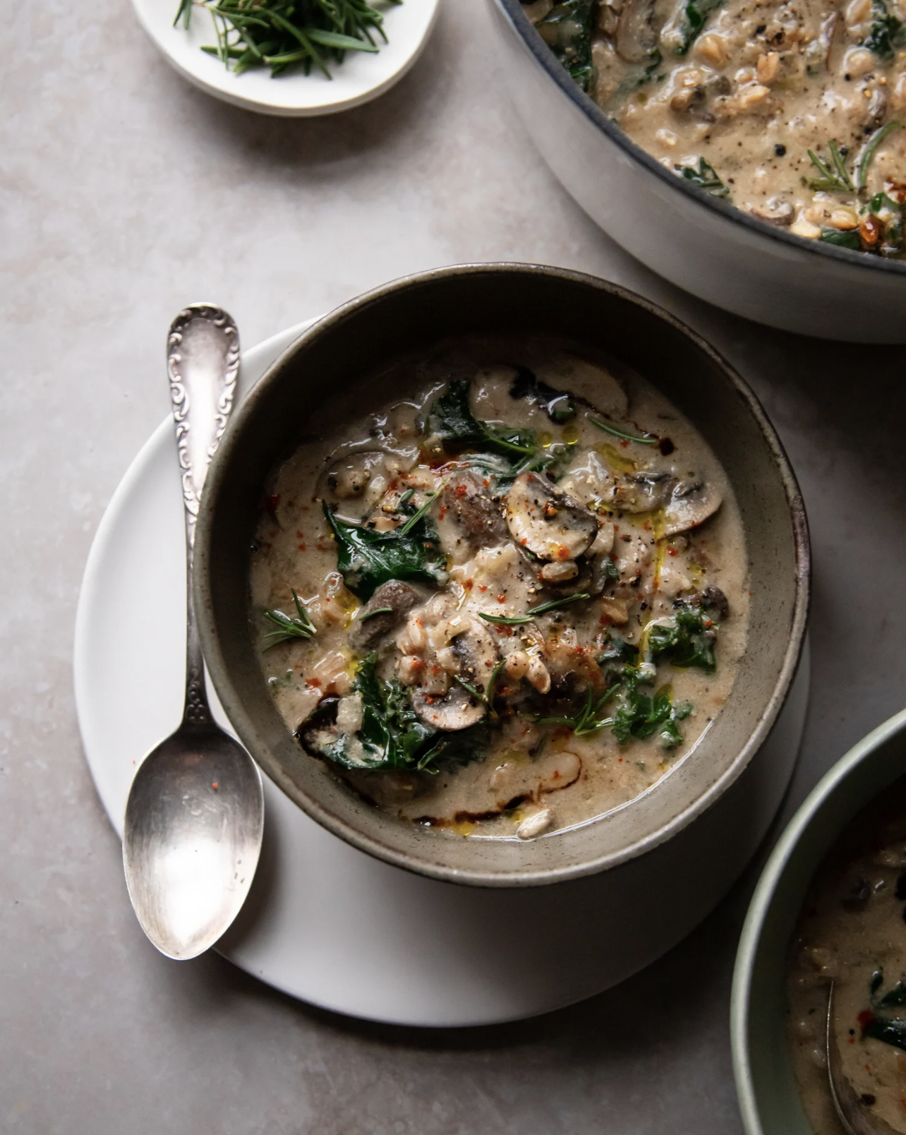 Creamy Vegan Mushroom Stew with Farro and Kale