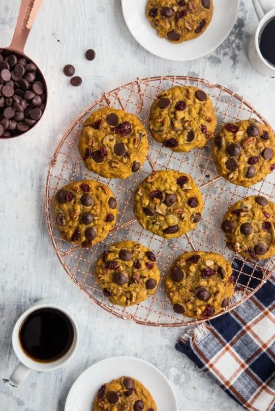 Pumpkin Cookies with Dark Chocolate and Cranberries